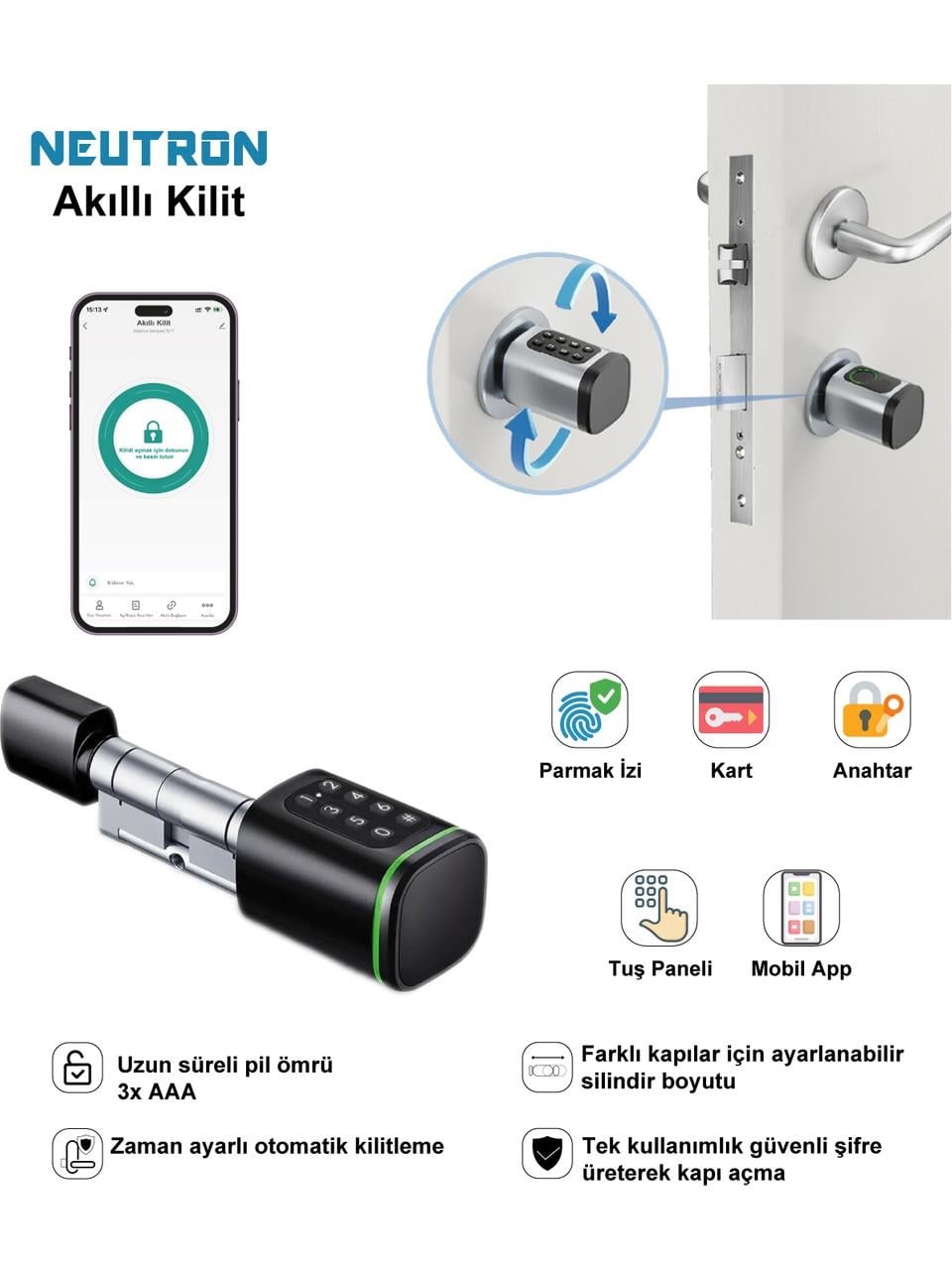 NEUTRON NTL-SC-02FKPB Parmak izi, Anahtarlı, Tuşlu, Kartlı ve Uzaktan Kontrollü Akıllı Kapı Kilidi