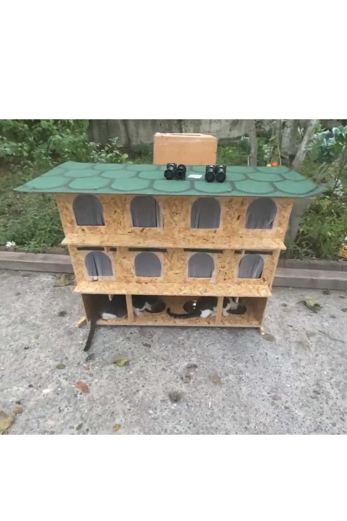 Narım 8 Bölmeli Sokak Kedileri İçin Kedi Evi, 4'lü Kedi Mama ve Su Kabı Standı, OSB Ahşap Yağmur Geçirmez Membran Kaplı Kedi Barınağı (Monteli Teslimat)