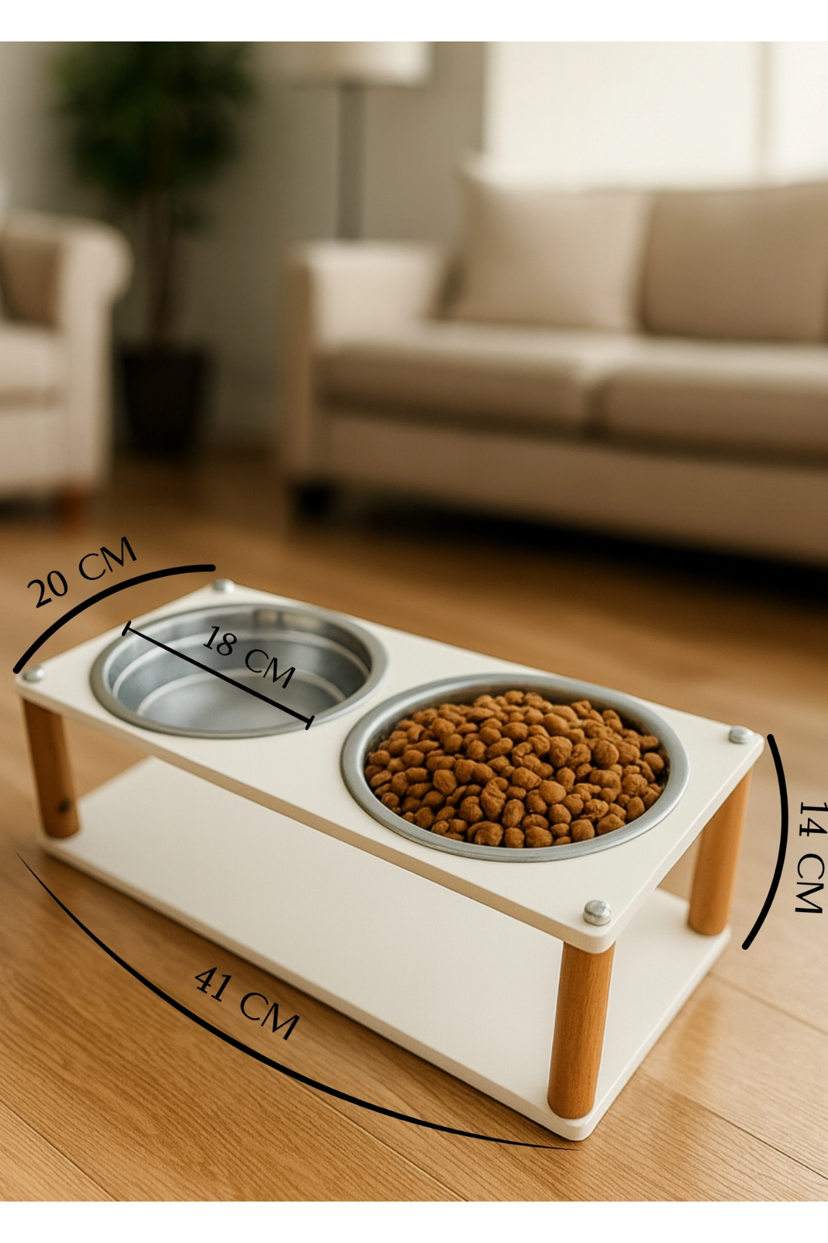 Reyo OK-AY Store Veynor Modern Ahşap Demonte Kedi Köpek Mama Standı 2'li Paslanmaz Çelik Kaseli Mama ve Su Standı Beyaz