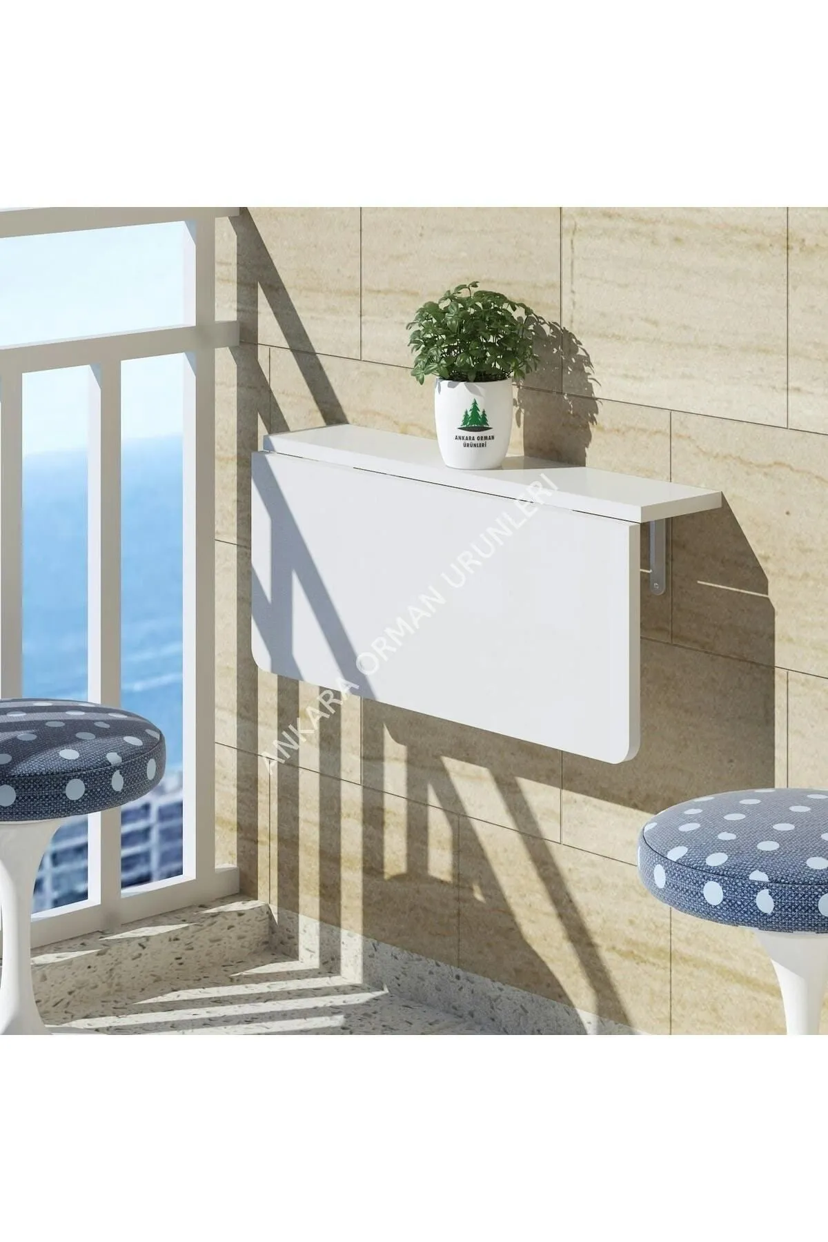Ankara Orman Ürünleri 90x60cm Beyaz Oval Köşeli Açılır Kapanır Duvara Monte Raf Masa Mutfak Masası