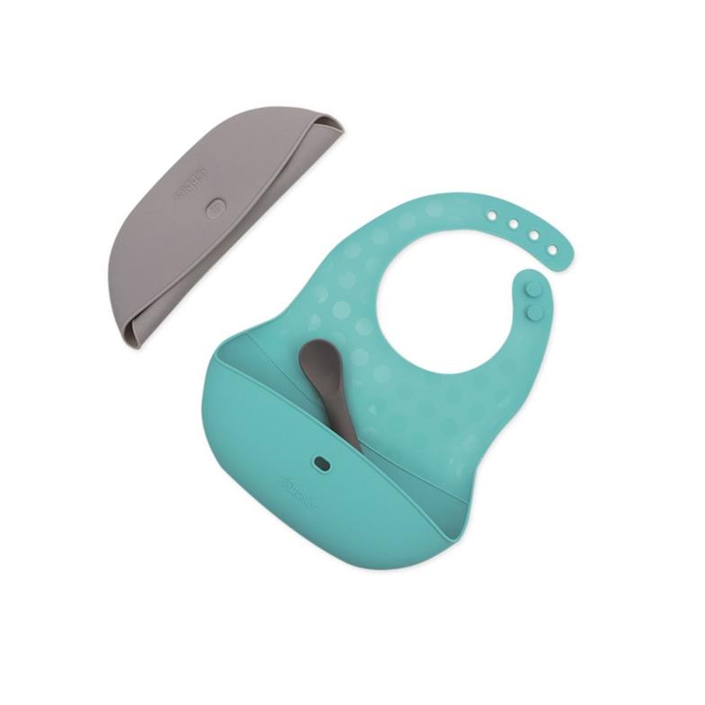 bblüv Pöket 2'li Katlanabilir Silikon Önlük ve Kaşık Seti Mavi-Gri