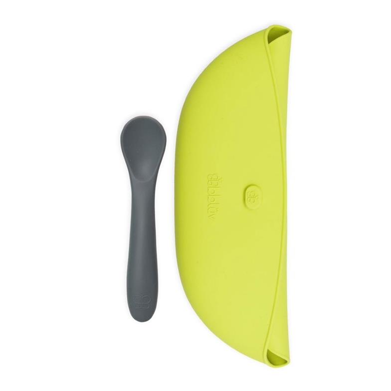 bblüv Pöket 2'li Katlanabilir Silikon Önlük ve Kaşık Seti Yeşil-Gri