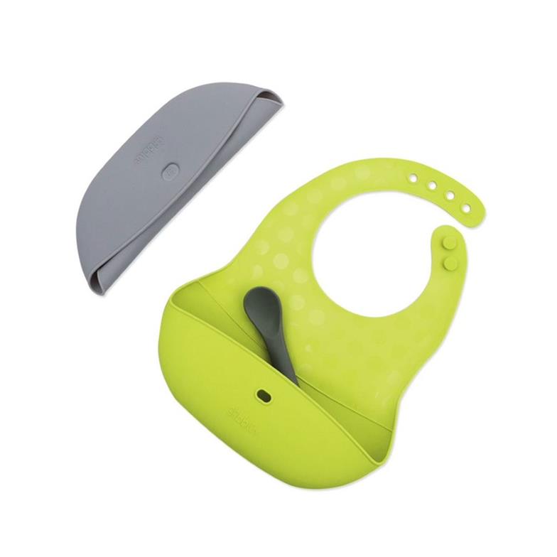 bblüv Pöket 2'li Katlanabilir Silikon Önlük ve Kaşık Seti Yeşil-Gri