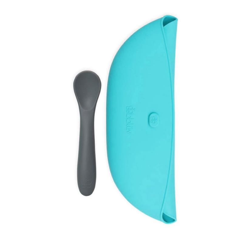 bblüv Pöket 2'li Katlanabilir Silikon Önlük ve Kaşık Seti Mavi-Gri