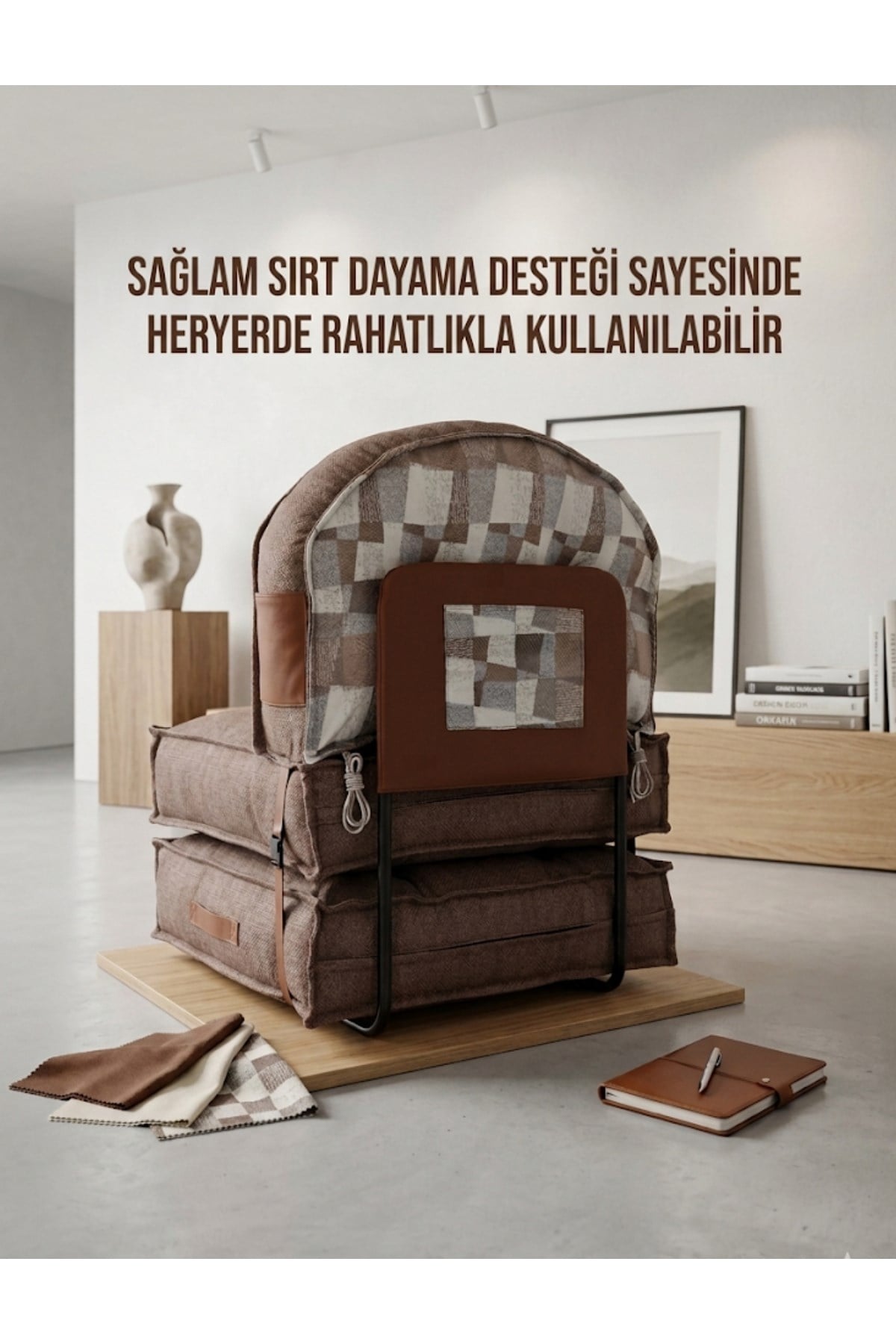 Pufymax Comfy Plus Oval Bohem Tekli Koltuk Yatak Olabilen Katlanır Berjer & Modüler Yer Yatağı 75x75x 90 cm Kahve