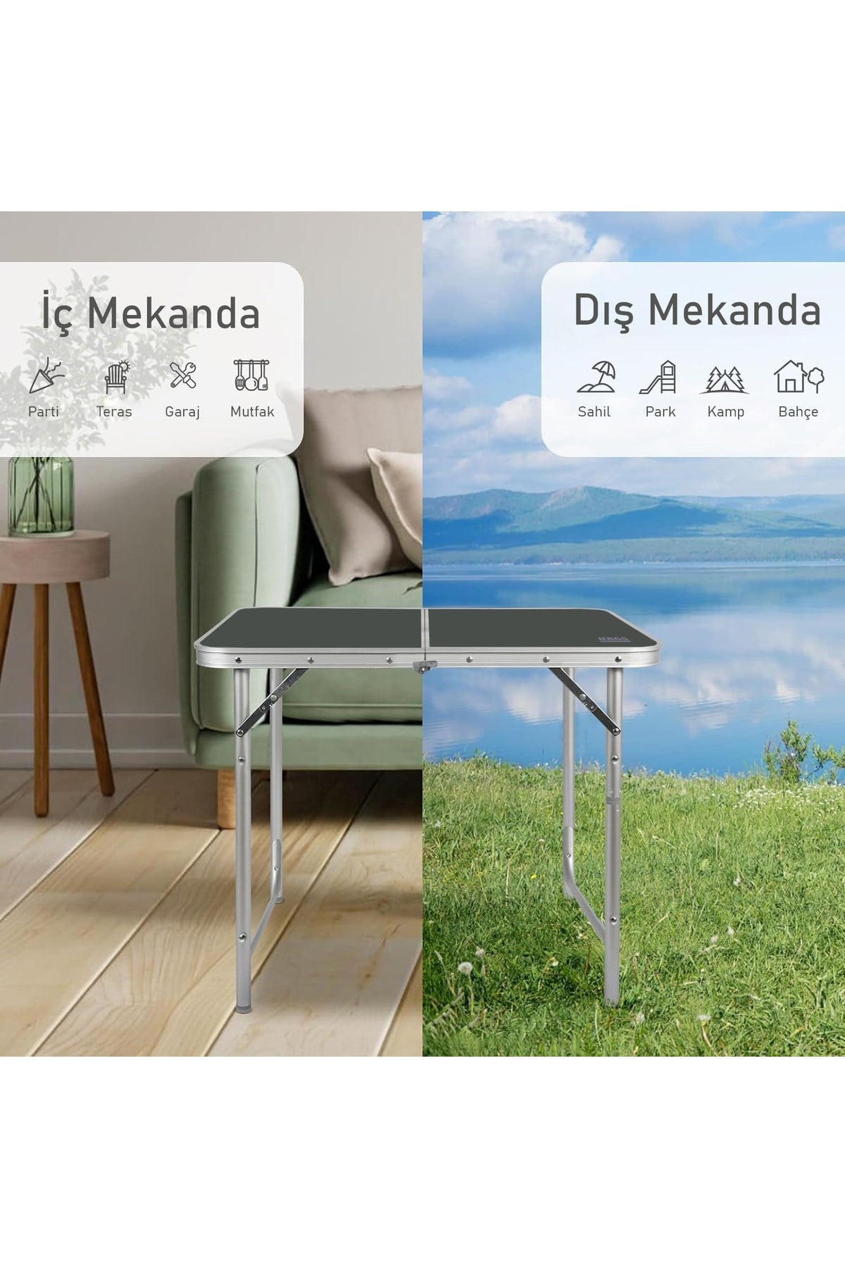 Haegs Portatif Kamp Masası, 3 Yükseklik Ayarlı, Katlanır Piknik Masası, Kolay Taşınabilir Alüminyum Masa - 120x60 - Kumaş Desenli