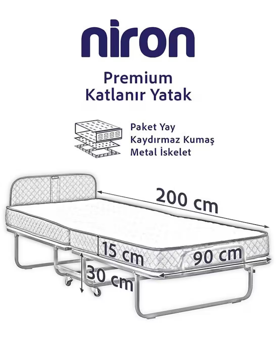 Niron Premium Katlanır Yatak 90x200 cm Paket Yaylı Lüks Yatak ve Kaydırmaz Kumaş Kaplı Karyola