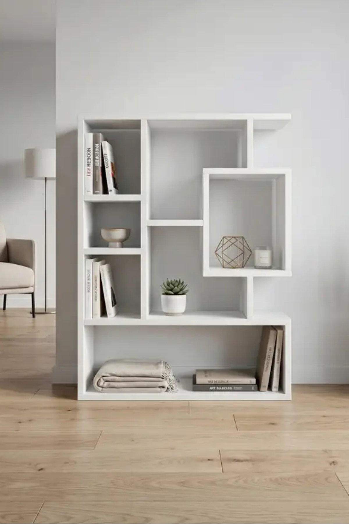 Enda Home Bigane Büyük Dekoratif Duvar Rafı 70,9 × 93,6 cm, Asimetrik Çok Bölmeli Duvara Monte Raf - Mat Beyaz