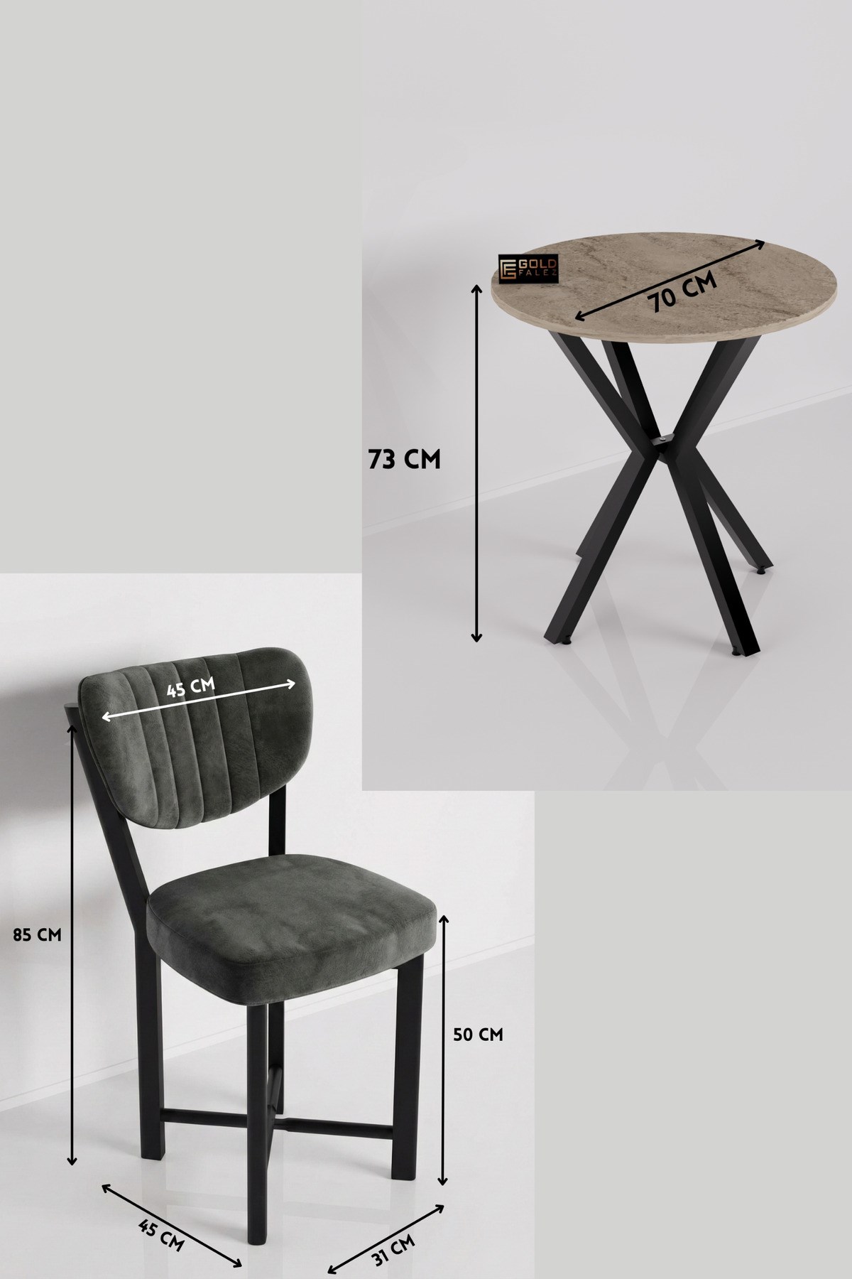 Reyo Falez Elma 70 cm Yuvarlak Masa Takımı 2 Sandalyeli Modern Mutfak Balkon Yemek Masası Seti Traverten - Antrasit 9847