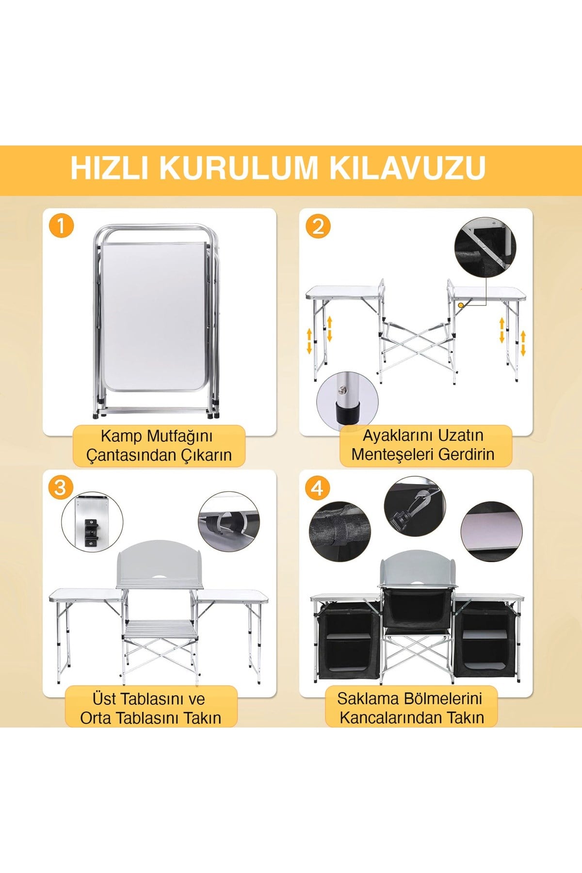Haegs Kamp Mutfağı, Katlanır Alüminyum Kamp Mutfak Tezgah Masası, Portatif Taşınabilir Açık Hava Yemek Pişirme İstasyonu, Saklama Dolabı ve Yan Masalar 3 Dolaplı - Mermer Desenli