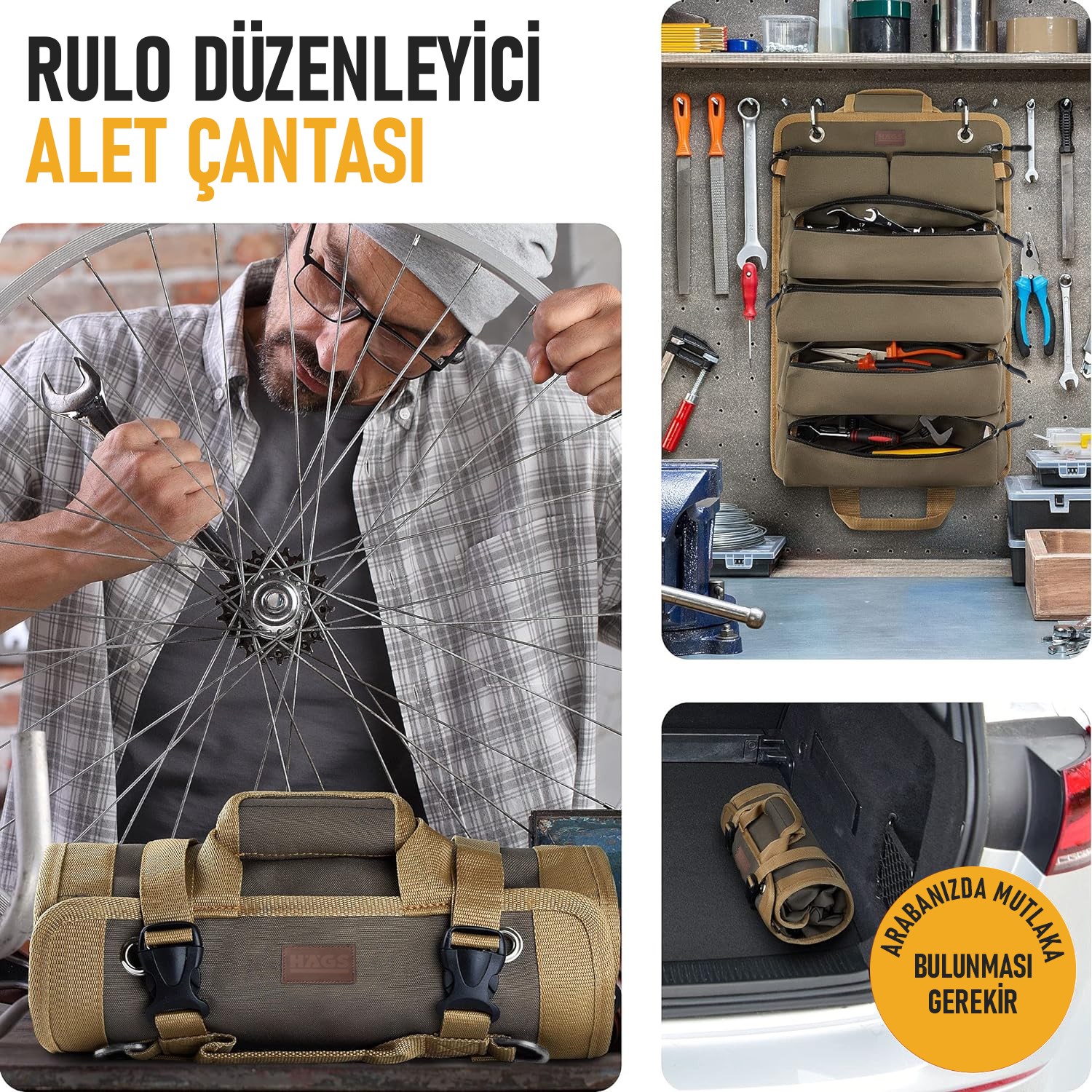 HAEGS Alet Çantası, Ağır Hizmet Tipi Kanvas Rulo Takım Çantası, Katlanabilir Alet Organizer El Çantası, Tamirci Usta Marangoz Elektrikçi Teknisyen Hobici Takım Çantası, Alet Takım Anahtar Düzenleyici Çanta Kahverengi