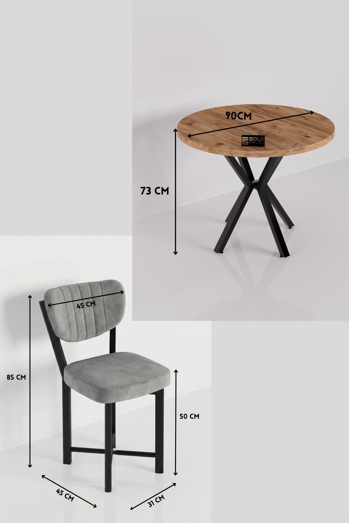 Reyo Falez Elma 90 cm 4 Sandalyeli Yuvarlak Masa Takımı Modern Mutfak Balkon Kafe Yemek Masası Seti - Atlantik Çam / Gri 9865