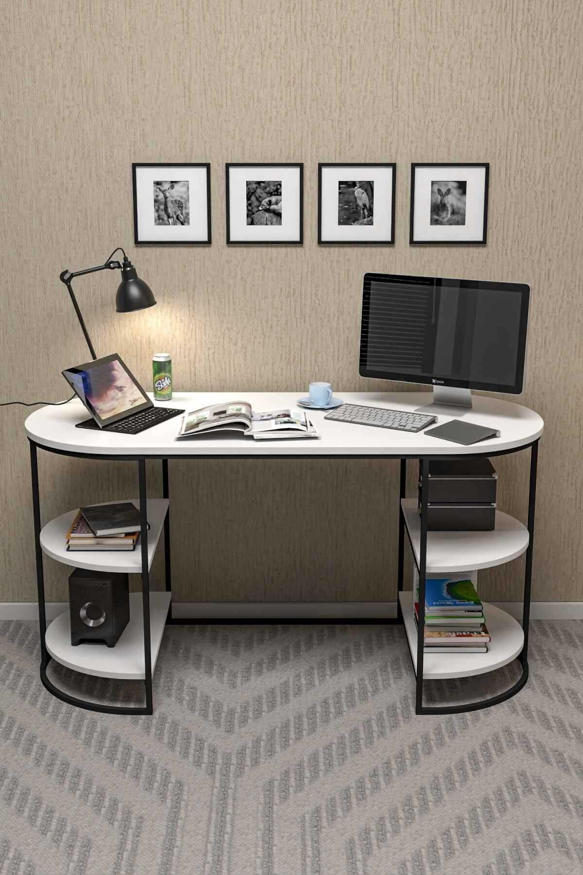 Reyo Falez Metal Ayaklı Raflı Çalışma Masası, Ofis Masası, Ders Masası Beyaz