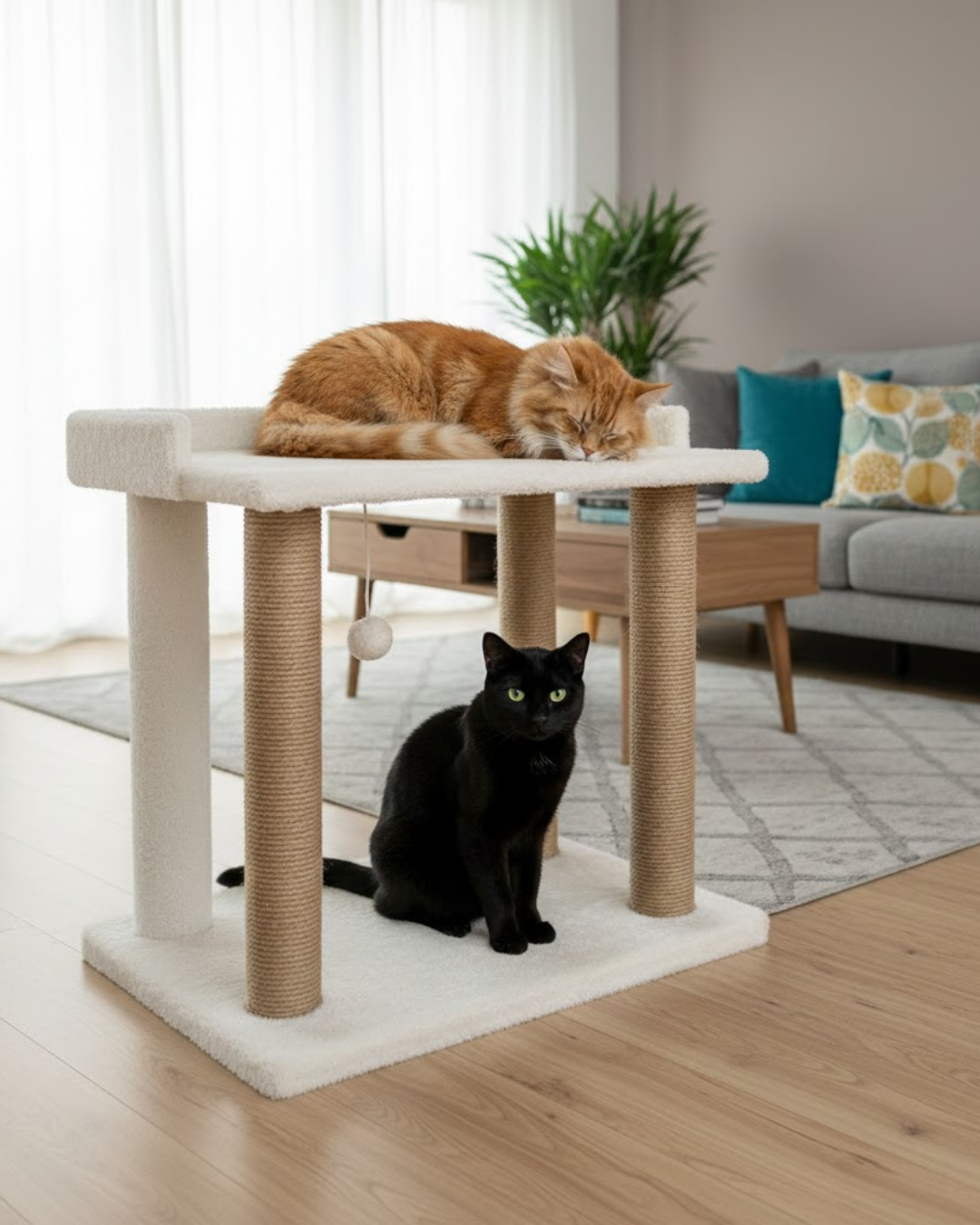 Reyo Pet Teraslı Yataklı Ponponlu Kedi Tırmalaması Beyaz
