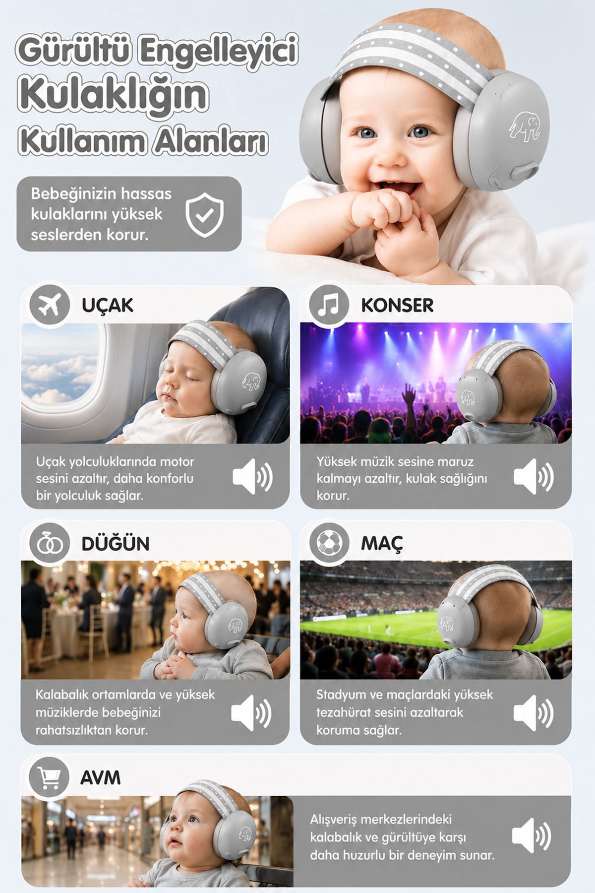Reyo Bebek Gürültü Önleyici Kulaklık, İşitme Koruyucu Bebek Kulaklığı, Konser, Uçak, Seyahat, Düğün ve Maç İçin Gürültü Azaltıcı Bebek Kulaklığı 0-4 Yaş Gri