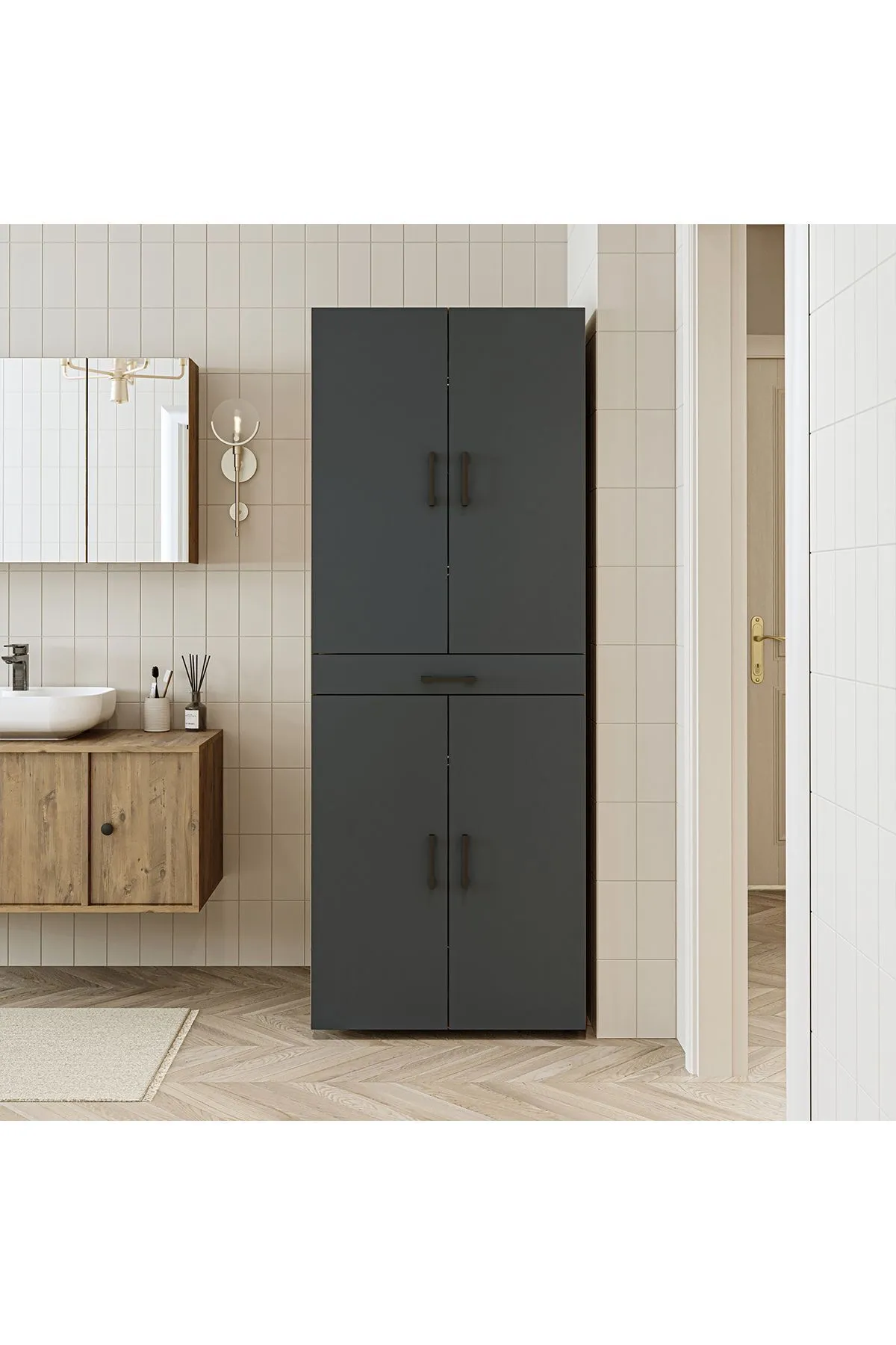 RoomArt Banyo Dolabı Kapaklı Çamaşır Ve Kurutma Makinesi Dolabı 70x185 cm Atlantik Çam - Antrasit