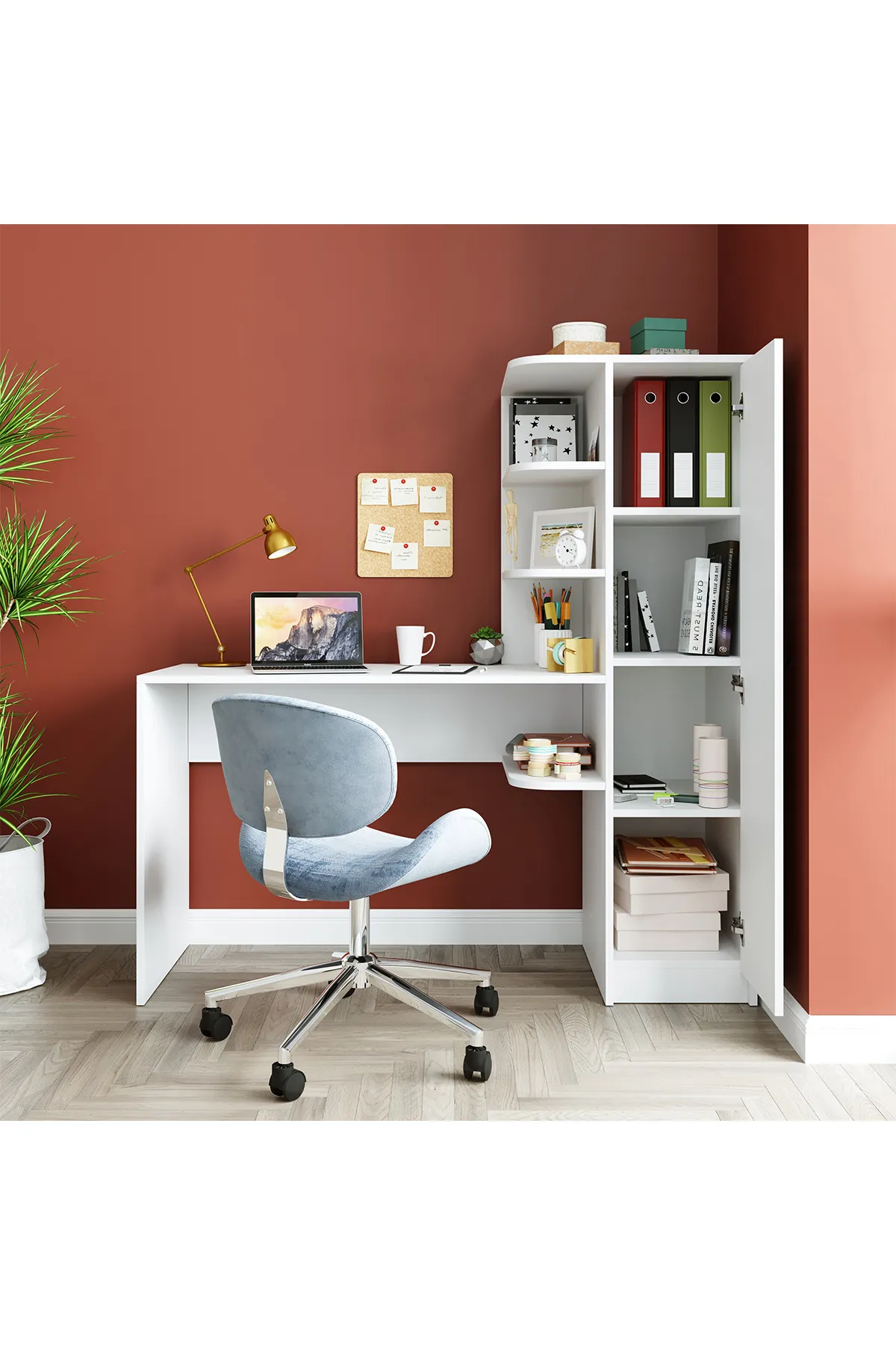 Roomart Roma Raflı Çalışma Masası, Çalışma Ofis Masası Sağ Dolap Mat Beyaz