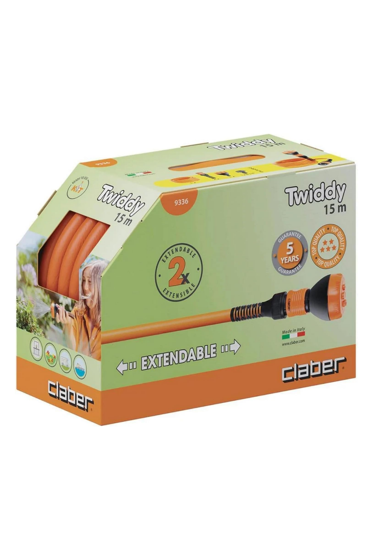 Claber 9336 Twıddy, Uzayan Hortum, 15 M, 5 Fonksiyonlu Sulama Tabancası Ve Bağlantı Aparatı İle Birlikte