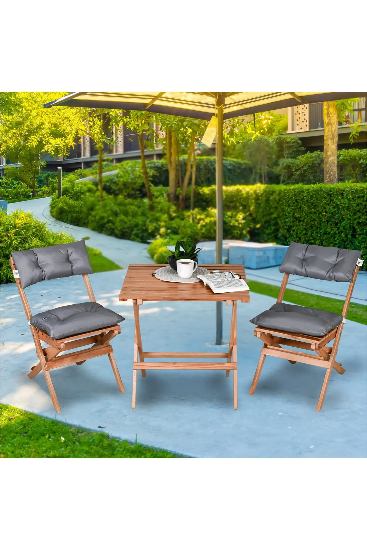 BySay Ahşap Katlanır Puf Minderli 3'lü Bistro Set Bahçe Takımı Naturel Gri
