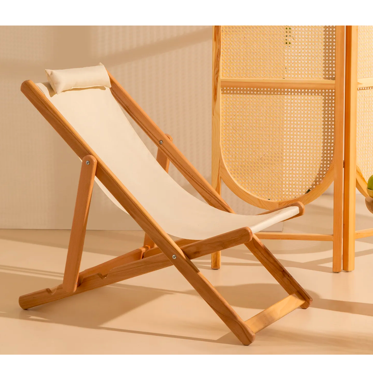Bysay Ahşap Katlanabilir Taşınır Bahçe Sandalyesi Plaj Bahçe Teras Balkon Şezlongu Krem