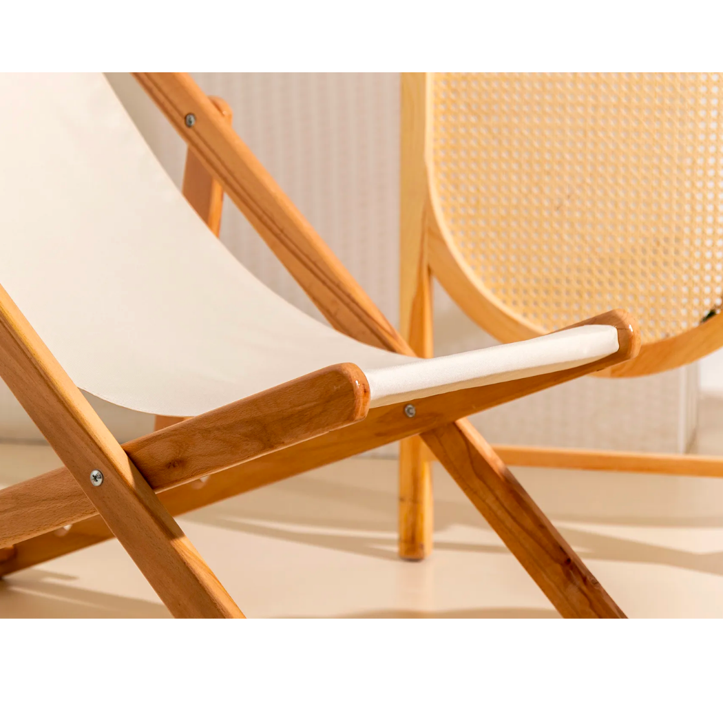 Bysay Ahşap Katlanabilir Taşınır Bahçe Sandalyesi Plaj Bahçe Teras Balkon Şezlongu Krem