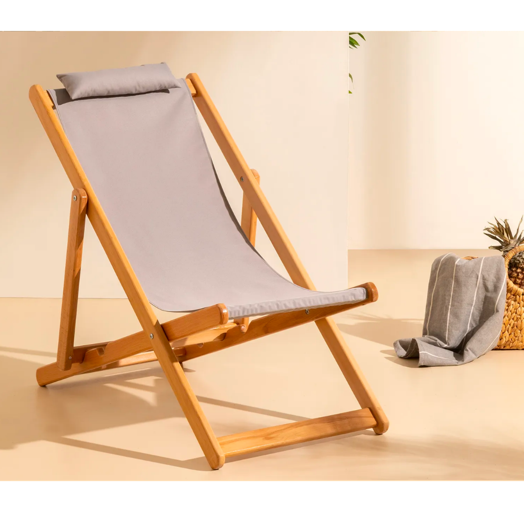 Bysay Ahşap Katlanabilir Taşınır Bahçe Sandalyesi Plaj Bahçe Teras Balkon Şezlongu Gri