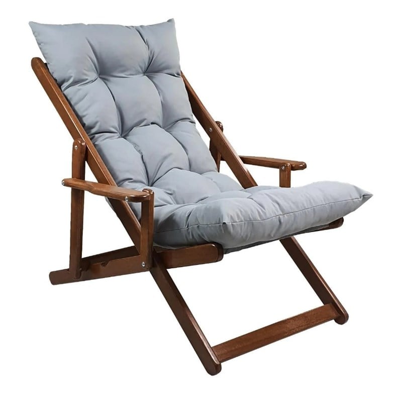 Bysay Ahşap Katlanabilir Taşınır Puf Minderli Kollu Şezlong. Plaj, Bahçe, Balkon Için (Ceviz-Gri) SMMK27102201