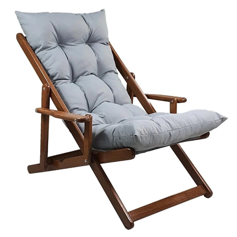 Bysay Ahşap Katlanabilir Taşınır Puf Minderli Kollu Şezlong. Plaj, Bahçe, Için 3 Lü Set (Ceviz-Gri) SMMK27102202