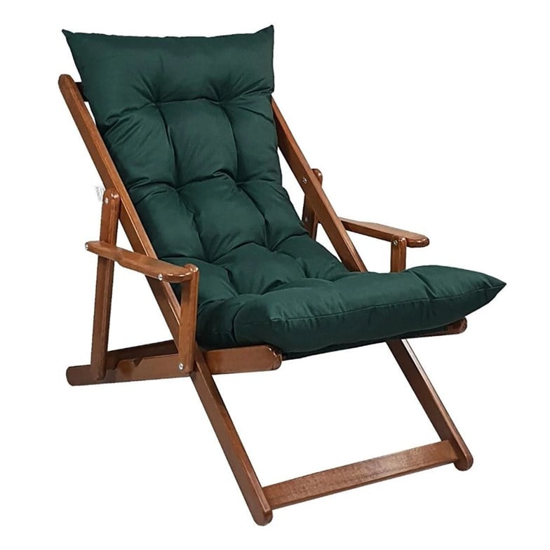 Bysay Ahşap Katlanabilir Taşınır Puf Minderli Kollu Şezlong. Plaj, Bahçe Için 3 Lü Set (Ceviz-Yeşil) SMMK27102202