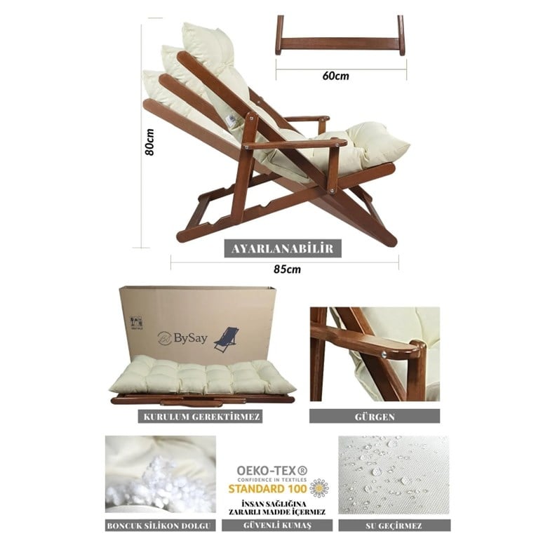 Bysay Ahşap Katlanabilir Taşınır Puf Minderli Kollu Şezlong. Plaj, Bahçe Için 3 Lü Set (Ceviz-Krem) SMMK27102202
