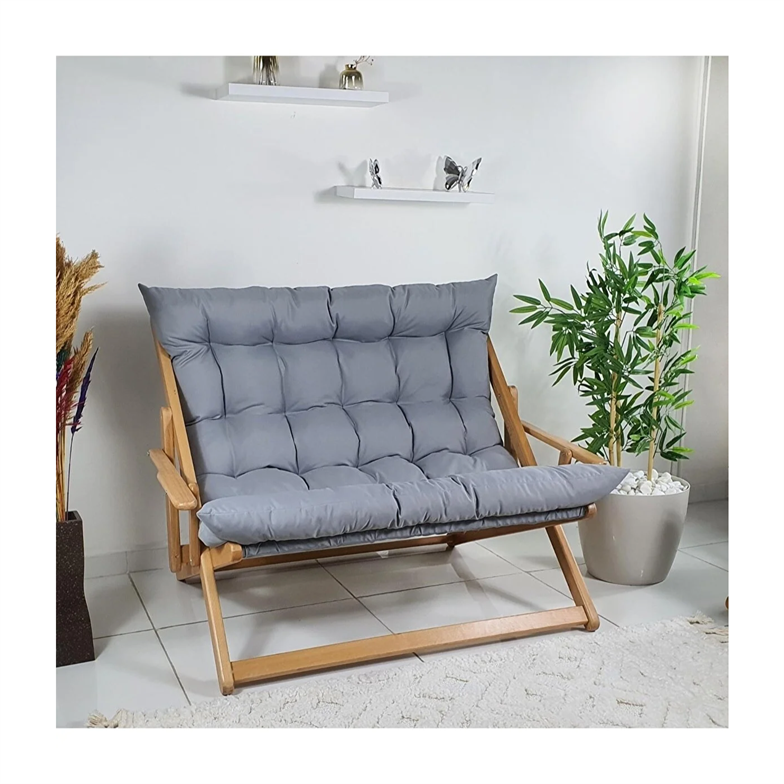Bysay Ahşap Katlanabilir Taşınır Puf Minderli Ikili Kollu Şezlong Ikili Koltuk Gri