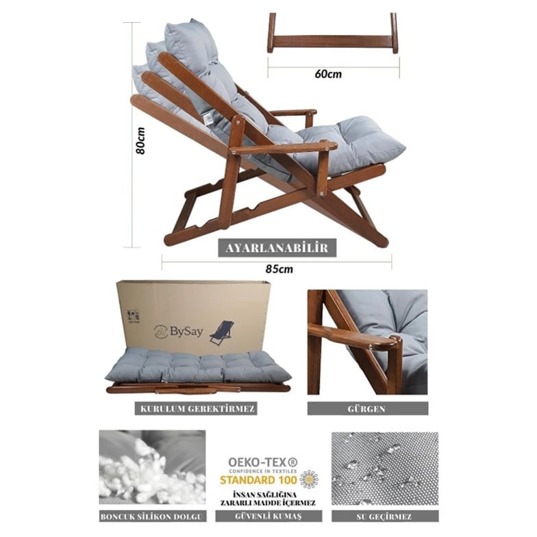 Bysay Ahşap Katlanabilir Taşınır Puf Minderli Kollu Şezlong. Plaj, Bahçe, Için 3 Lü Set (Ceviz-Gri) SMMK27102202