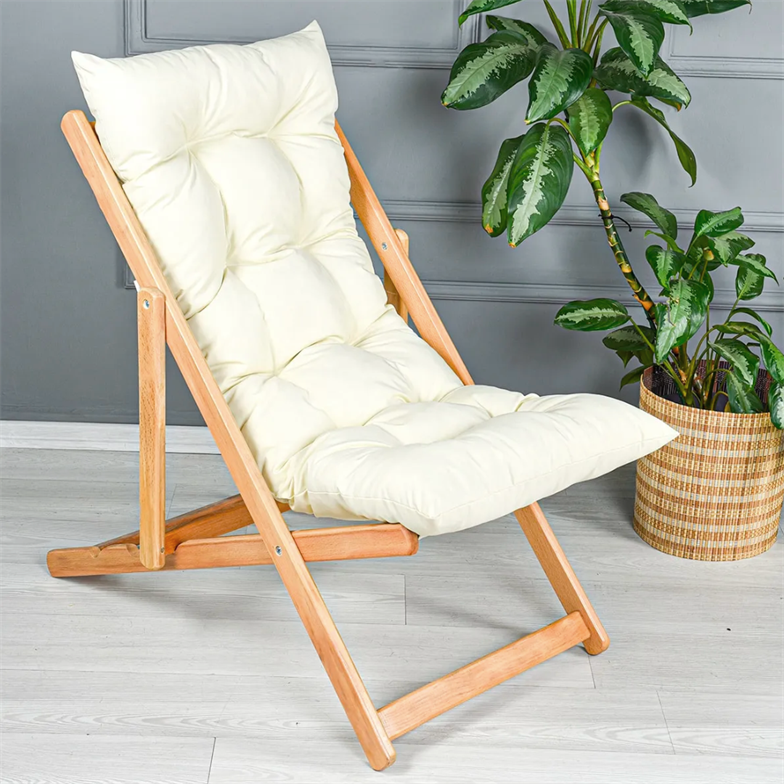Bysay Ahşap Katlanabilir Taşınır Puf Minderli Şezlong Krem