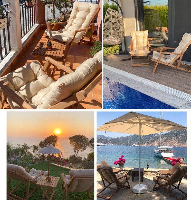 Bysay Ahşap Katlanabilir Taşınır Puf Minderli Şezlong Plaj Bahçe Teras Balkon İçin 3lü Set Krem