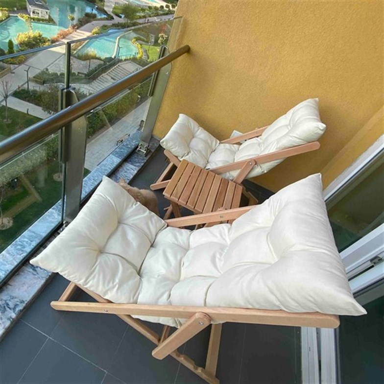 Bysay Ahşap Katlanabilir Taşınır Puf Minderli Şezlong Plaj Bahçe Teras Balkon İçin 3lü Set Krem