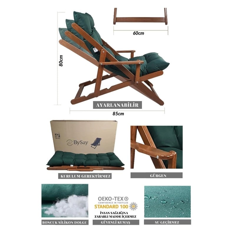Bysay Ahşap Katlanabilir Taşınır Puf Minderli Kollu Şezlong. Plaj, Bahçe, Balkon Için (Ceviz-Yeşil) SMMK27102201