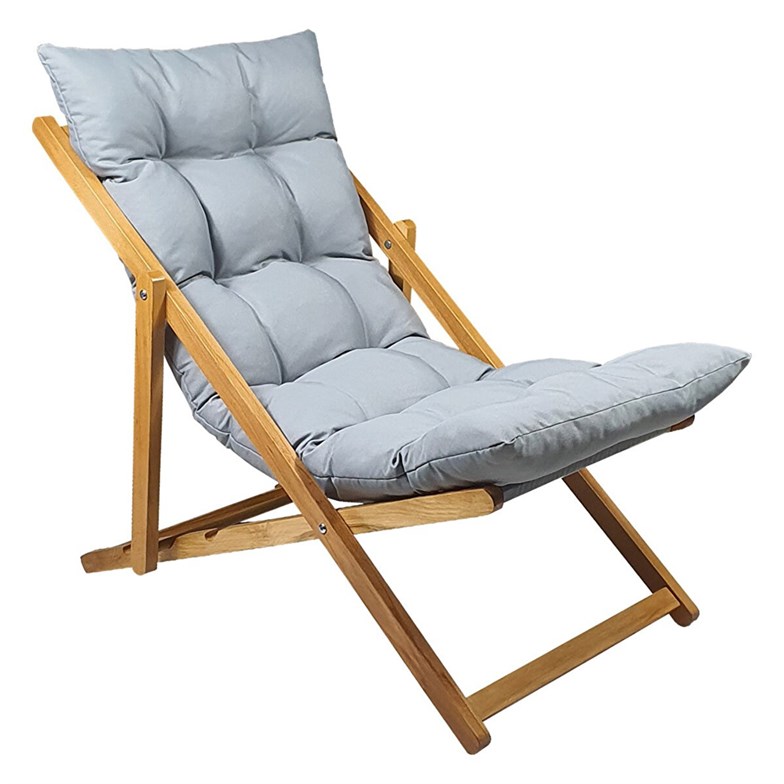 Bysay Ahşap Katlanabilir Taşınır Puf Minderli Şezlong Gri