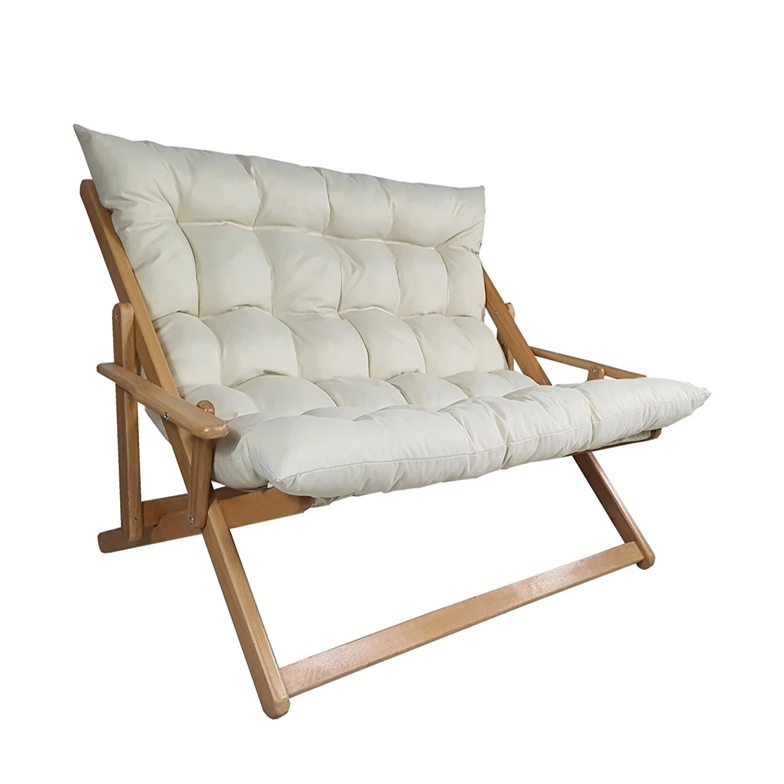 Bysay Ahşap Katlanabilir Taşınır Puf Minderli Ikili Kollu Şezlong Ikili Koltuk Krem