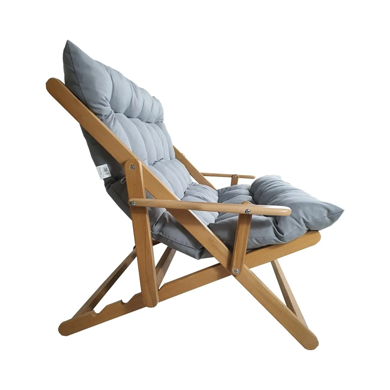Bysay Ahşap Katlanabilir Taşınır Puf Minderli Ikili Kollu Şezlong Ikili Koltuk Gri