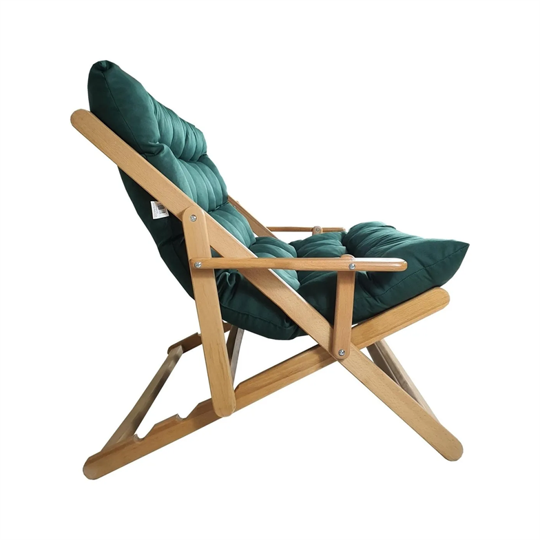 Bysay Ahşap Katlanabilir Taşınır Puf Minderli Ikili Kollu Şezlong Ikili Koltuk Haki
