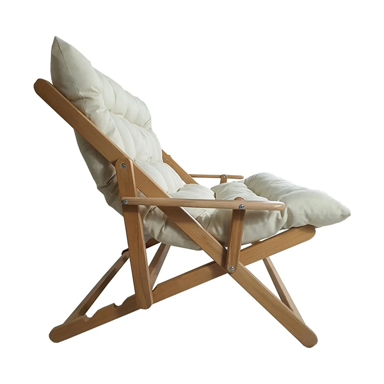 Bysay Ahşap Katlanabilir Taşınır Puf Minderli Ikili Kollu Şezlong Ikili Koltuk Krem