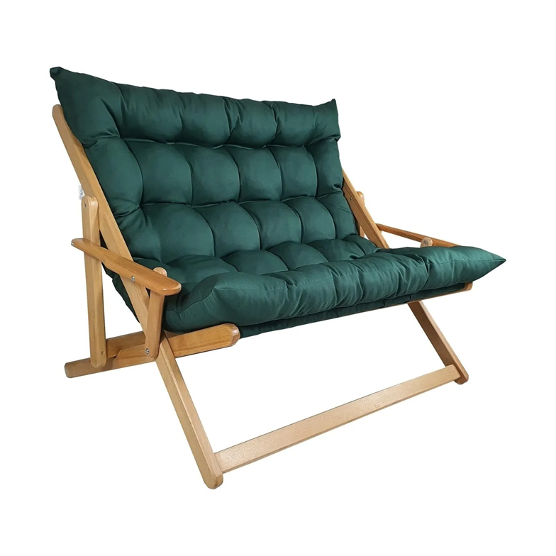 Bysay Ahşap Katlanabilir Taşınır Puf Minderli Ikili Kollu Şezlong Ikili Koltuk Haki