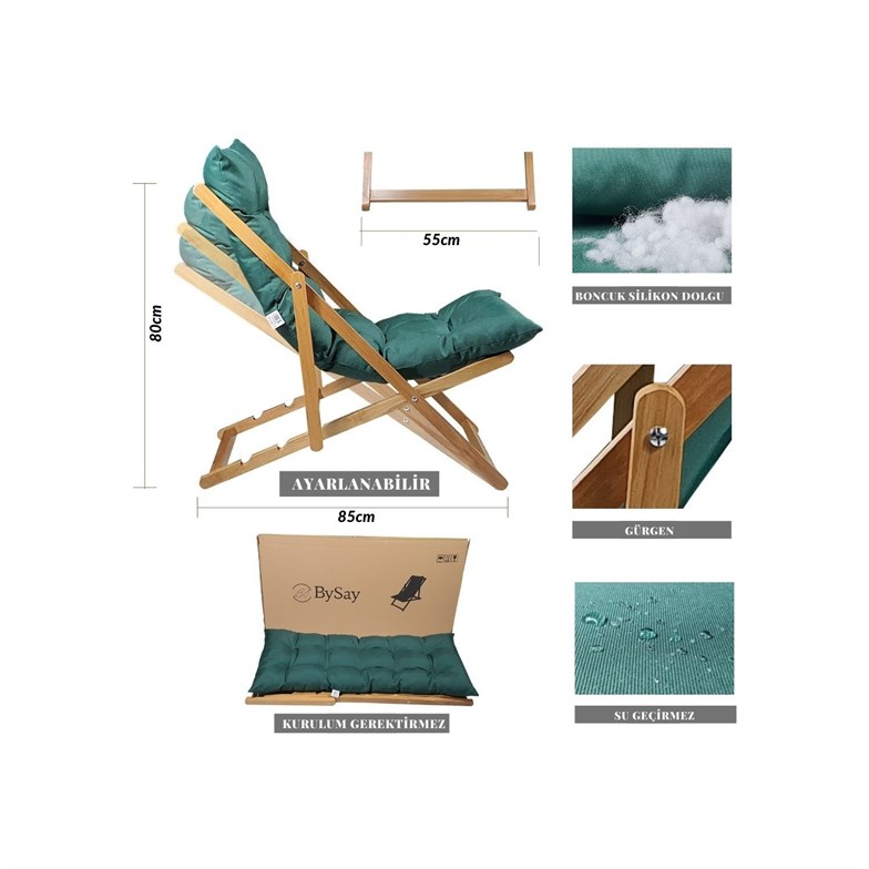 Bysay Ahşap Katlanabilir Taşınır Puf Minderli Şezlong Plaj Bahçe Teras Balkon İçin 3lü Set Haki