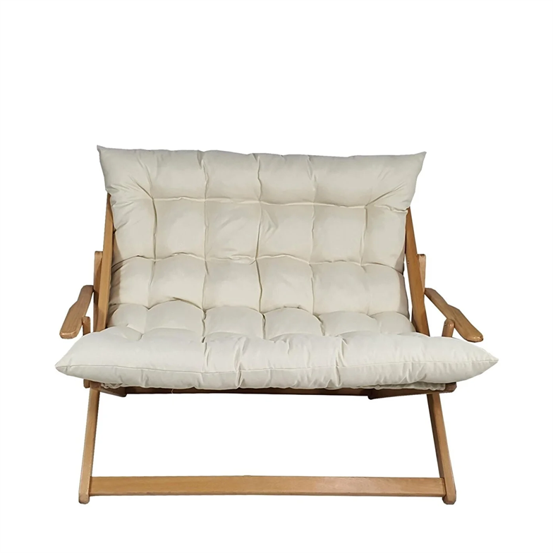 Bysay Ahşap Katlanabilir Taşınır Puf Minderli Ikili Kollu Şezlong Ikili Koltuk Krem