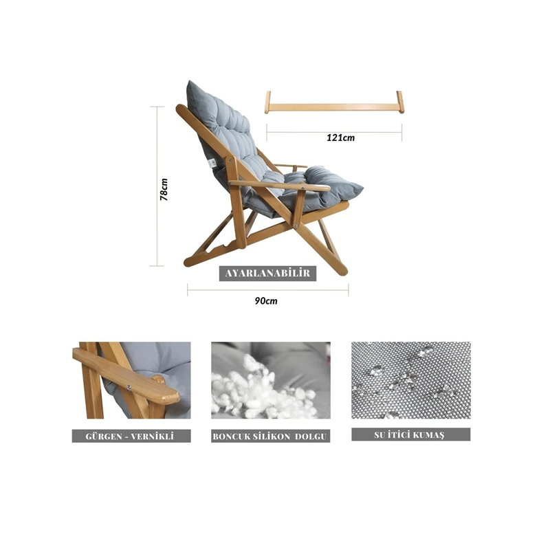 Bysay Ahşap Katlanabilir Taşınır Puf Minderli Ikili Kollu Şezlong Ikili Koltuk Gri