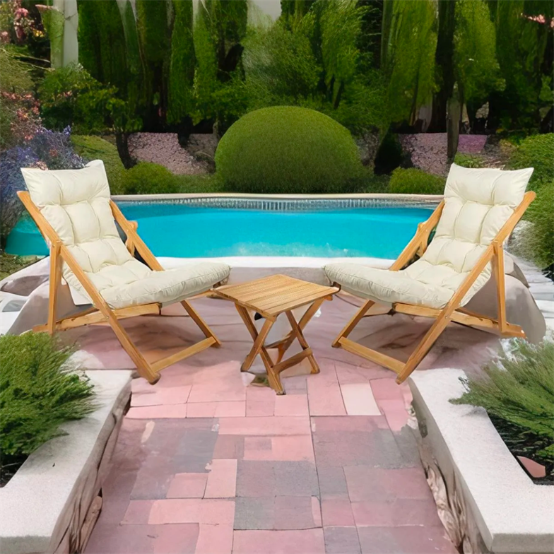 Bysay Ahşap Katlanabilir Taşınır Puf Minderli Şezlong Plaj Bahçe Teras Balkon İçin 3lü Set Krem SM7721002