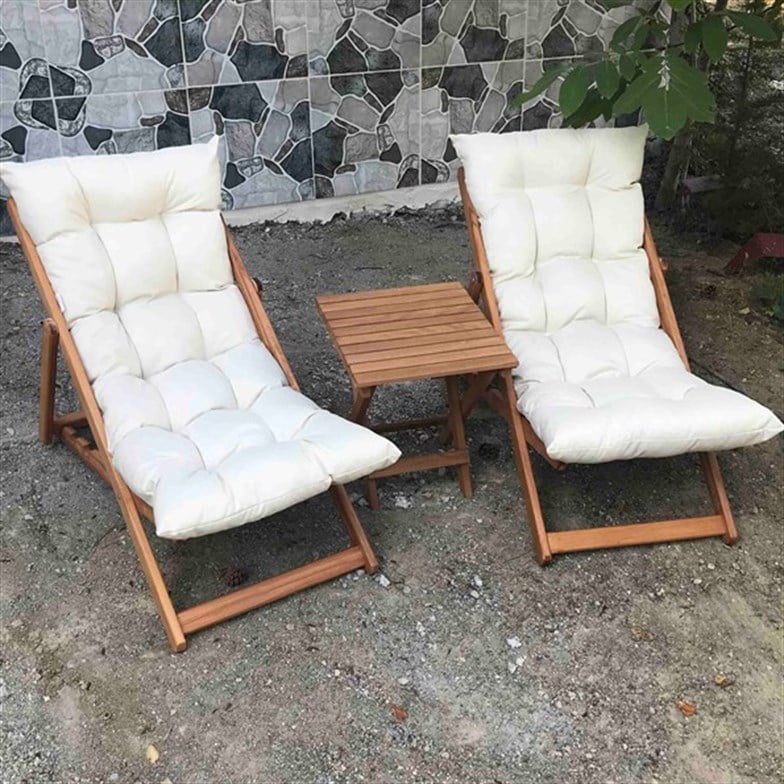 Bysay Ahşap Katlanabilir Taşınır Puf Minderli Şezlong Plaj Bahçe Teras Balkon İçin 3lü Set Krem