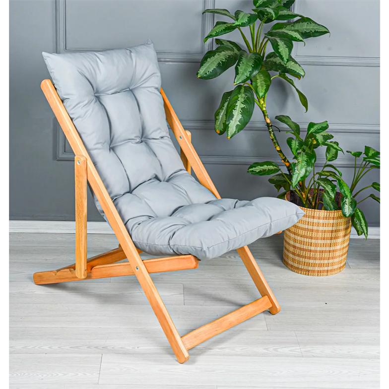 Bysay Ahşap Katlanabilir Taşınır Puf Minderli Şezlong Gri