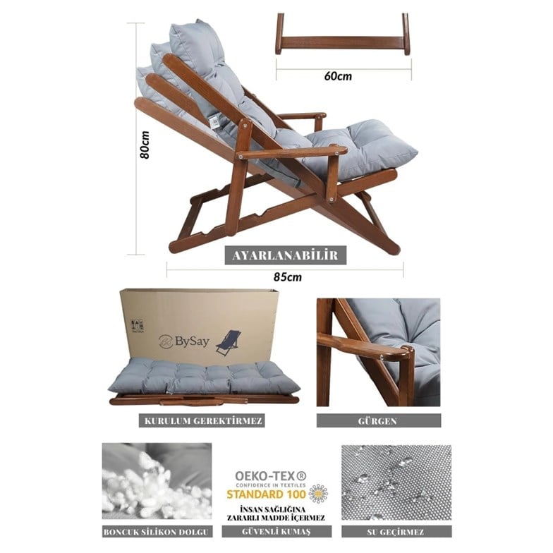 Bysay Ahşap Katlanabilir Taşınır Puf Minderli Kollu Şezlong. Plaj, Bahçe, Balkon Için (Ceviz-Gri) SMMK27102201