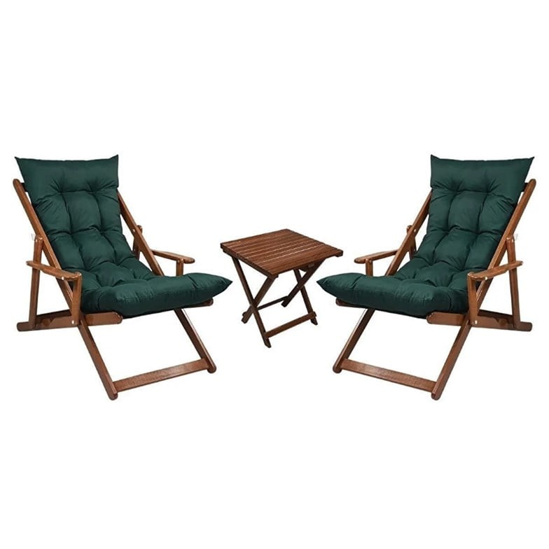 Bysay Ahşap Katlanabilir Taşınır Puf Minderli Kollu Şezlong. Plaj, Bahçe Için 3 Lü Set (Ceviz-Yeşil) SMMK27102202